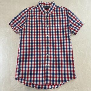 Tommy Hilfiger New York Fit Short Sleeve Button Down Red Blue USA Plaid